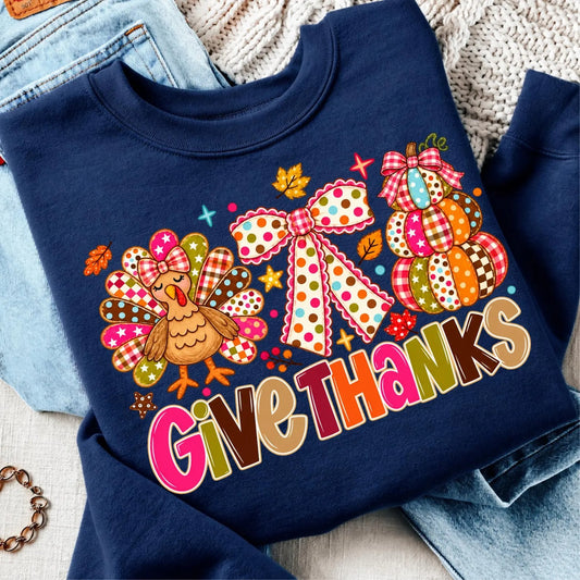Turkey Colorful Give Thanks Navy Sweatshirt