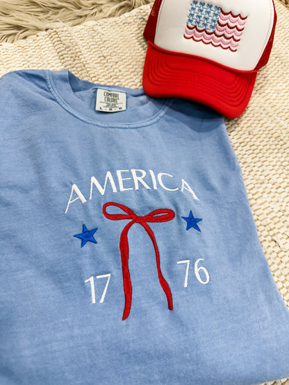 *EMBROIDERED* America Bow 1776 Washed Denim Tee