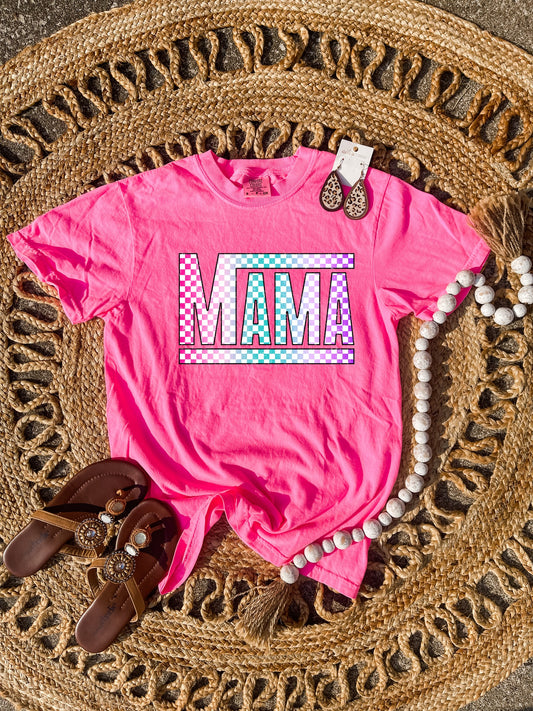 Ombre Mama Checkered Neon Pink Tee