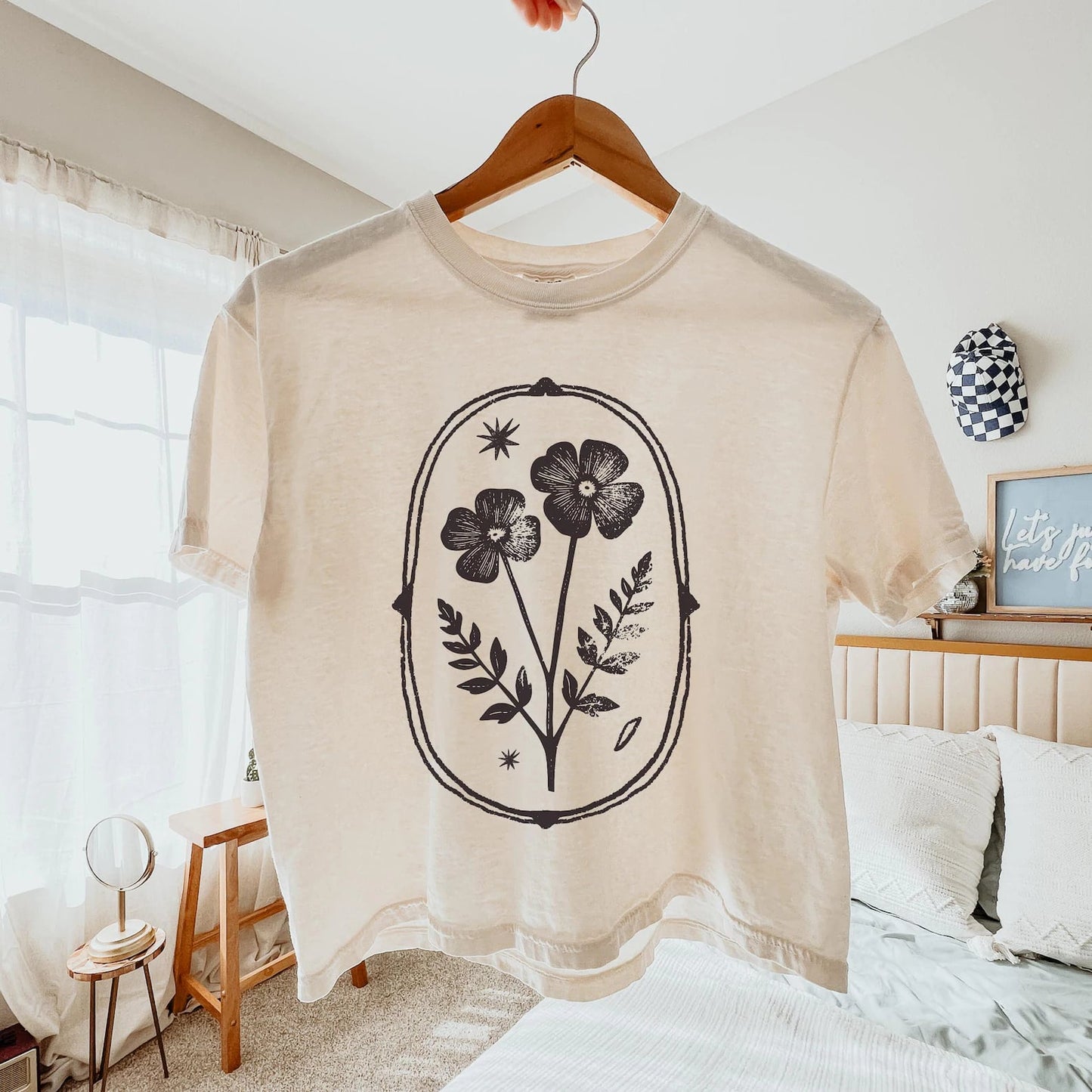 Vintage Linocut Flower Design Ivory Tee