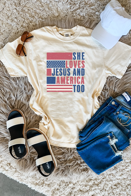 **DEAL OF THE DAY** She Loves Jesus & America Too Ivory Tee