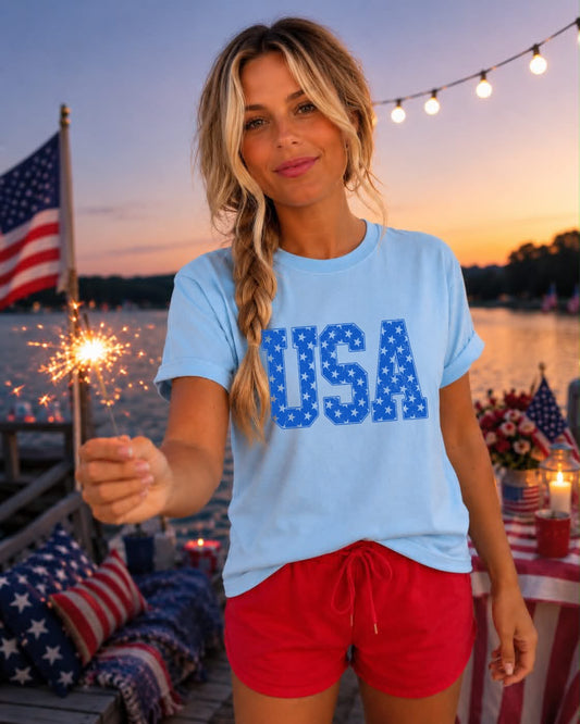 Multi Blue Stars USA Chambray Tee