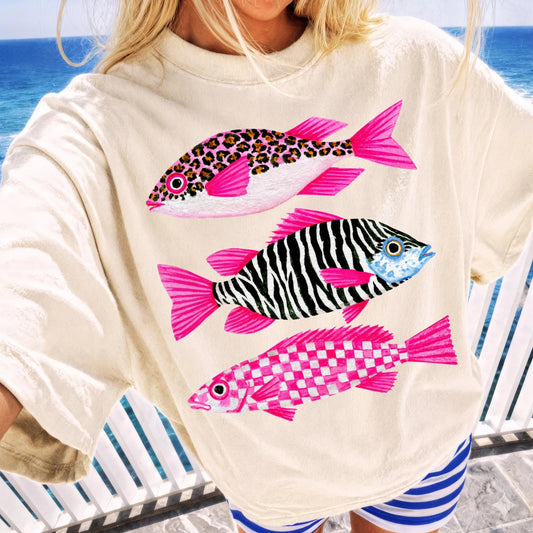 Pink Patterned Tropical Fish Ivory Tee