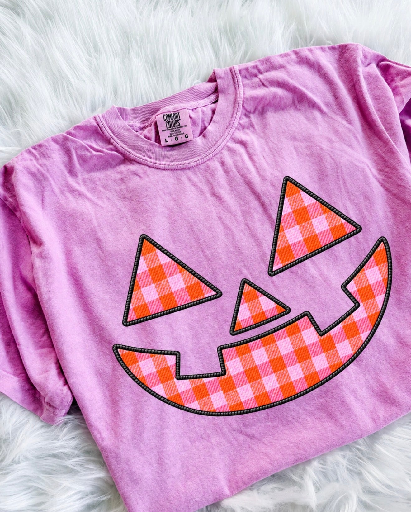Orange Checkered Jack O Lantern Face Neon Violet Tee