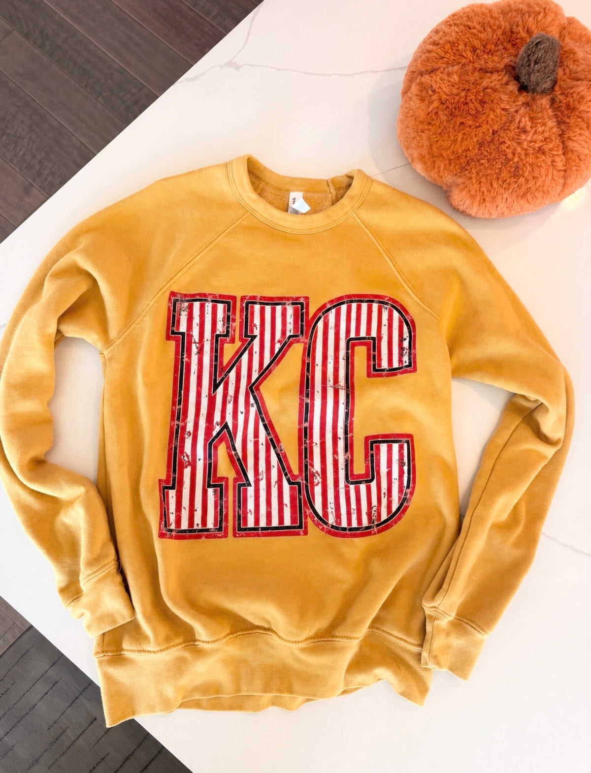 **HALFTIME DEAL** Vertical Striped Red & White Varsity KC Heather Mustard Sweatshirt