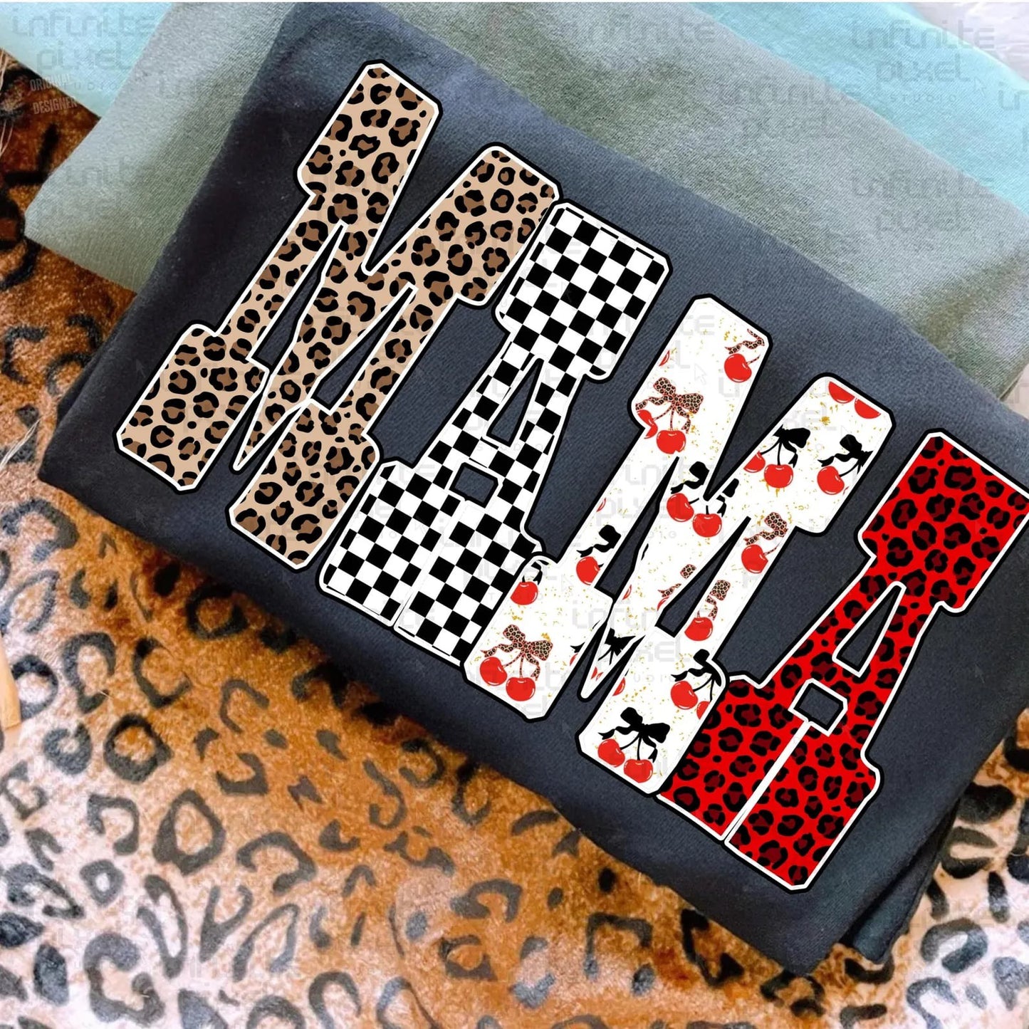 Checkered Leopard & Bows Mama Block Black Tee