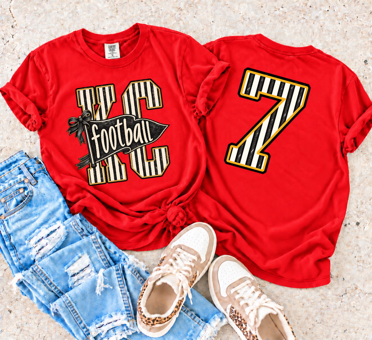 FRONT + BACK KC Striped Football Flag + 7 Red Tee