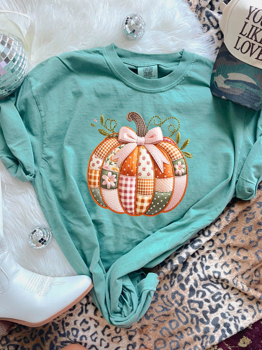 Faux Plaid & Floral Pumpkin Light Green Tee