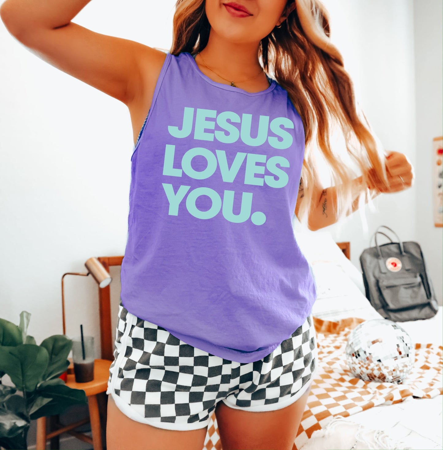 Teal Jesus Loves You Violet Tank Top