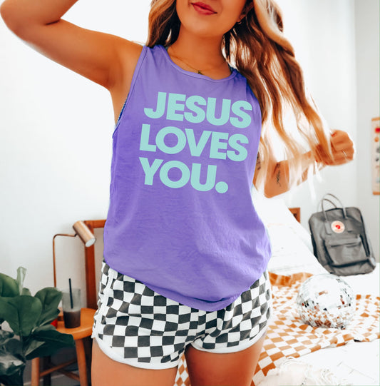 Teal Jesus Loves You Violet Tank Top