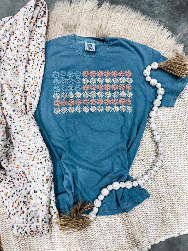 Floral USA Flag Ice Blue Tee