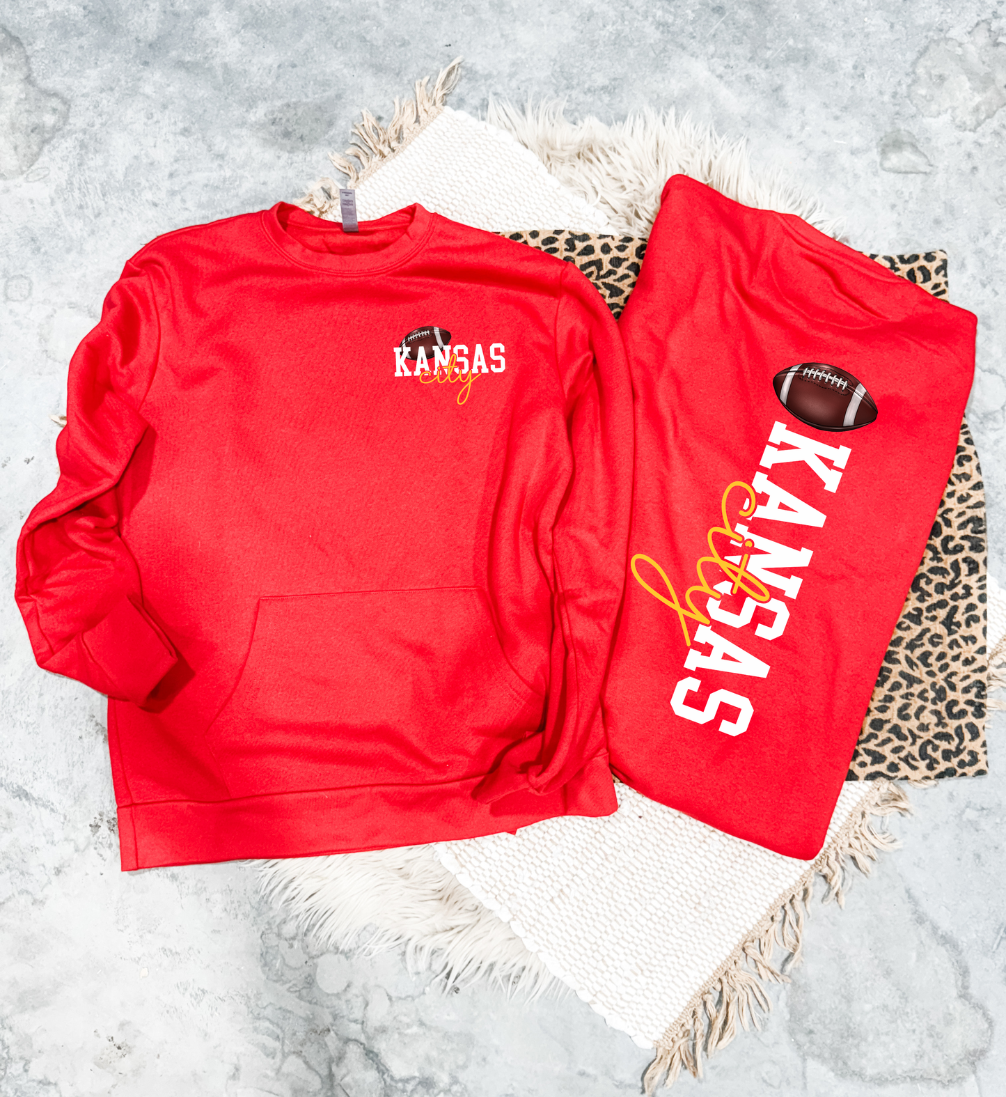 FRONT + BACK Kansas City Script Football Red Pocket Sweatshirt