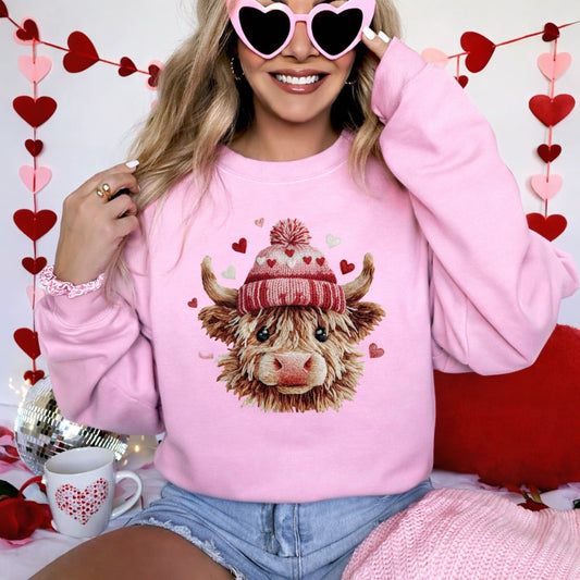 Hearts Stocking Hat Highland Cow Light Pink Sweatshirt