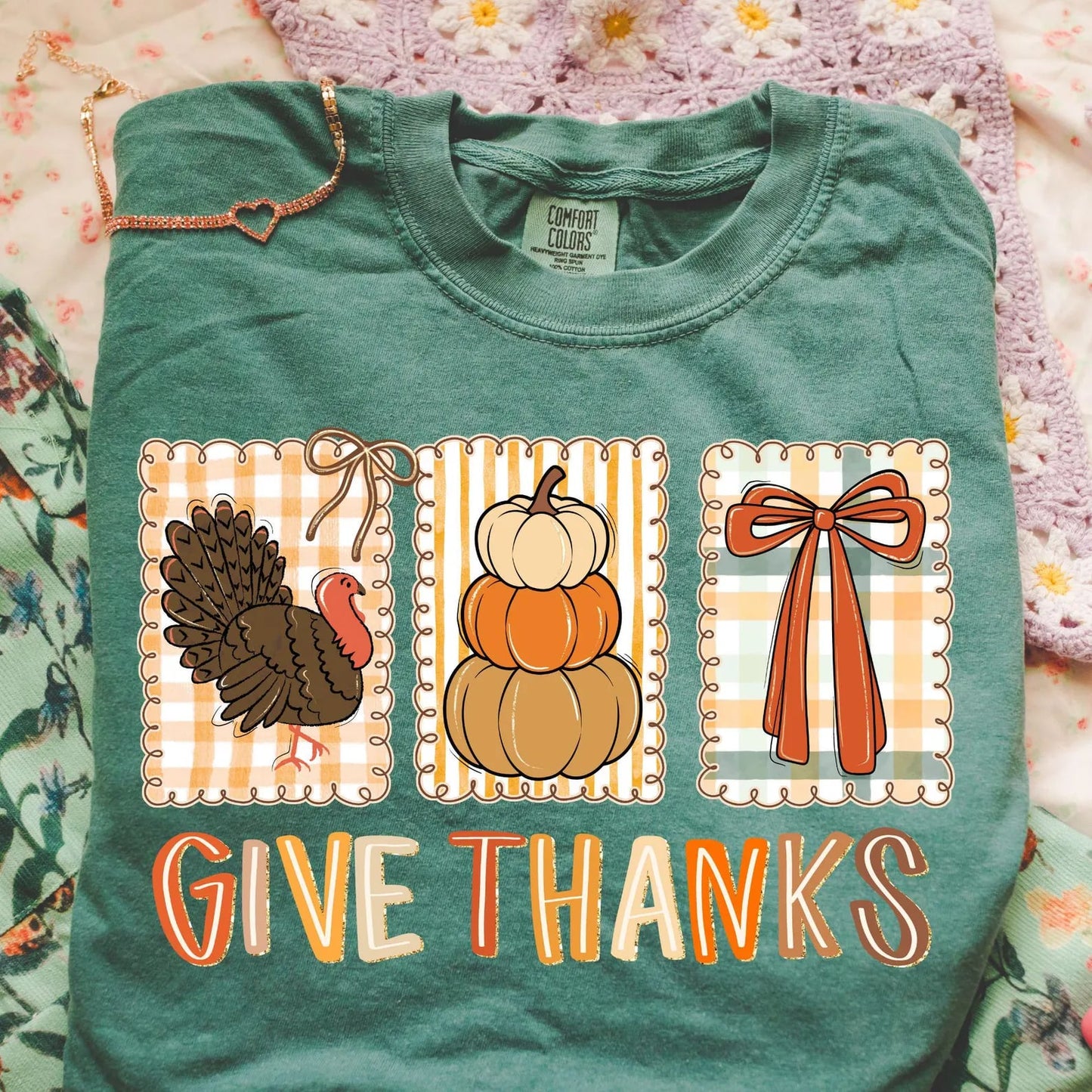 Triple Collage Give Thanks Light Green Tee