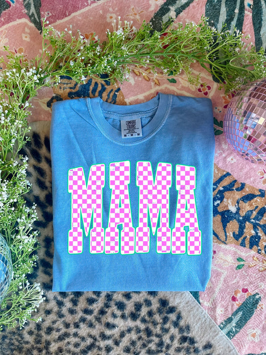 Pink Checkered Green Outline Mama Block Flo Blue Tee