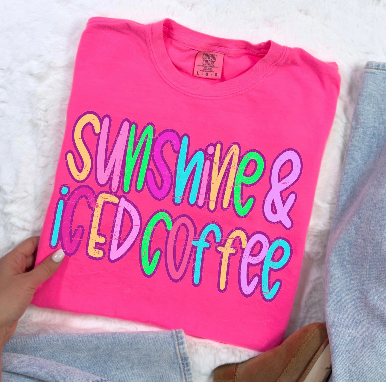 **DEAL OF THE DAY** Colorful Sunshine & Iced Coffee Neon Pink Tee