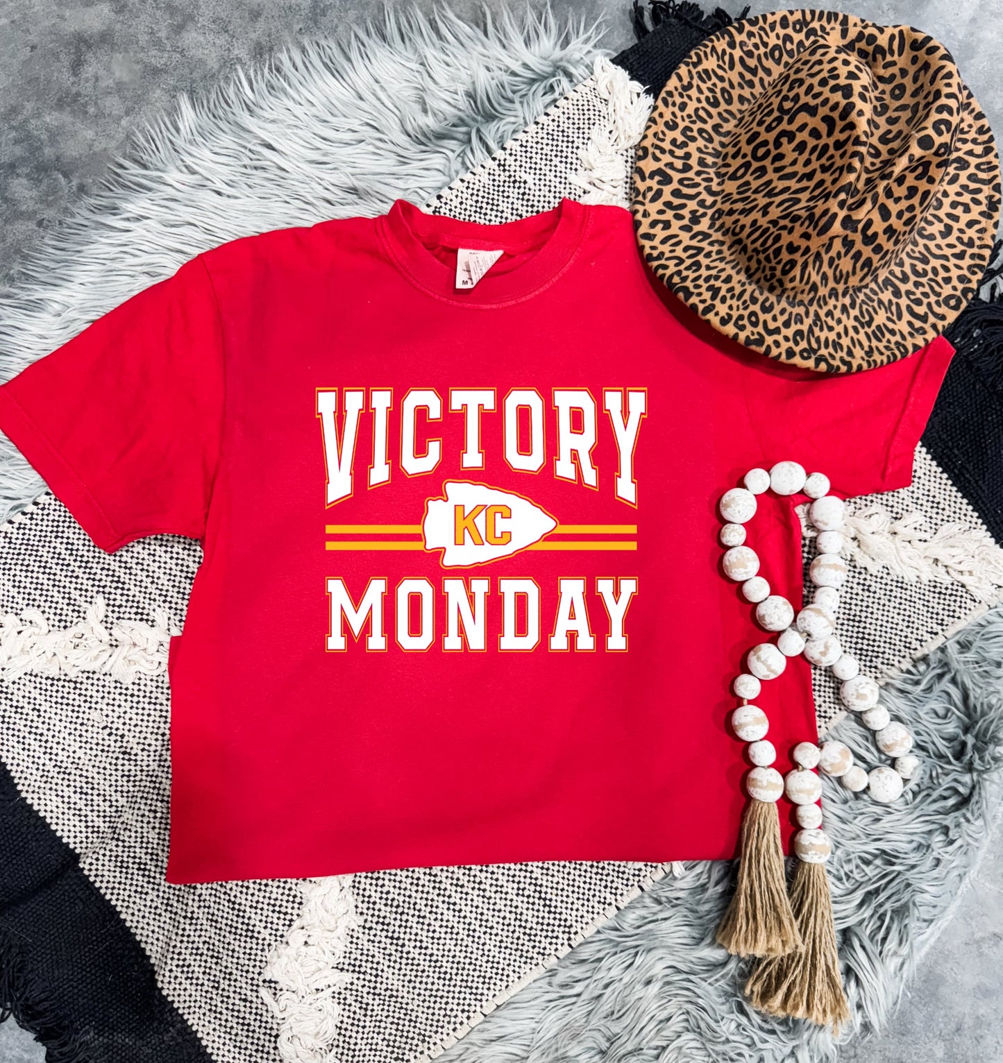 Gold & White Striped Victory Monday Red Tee