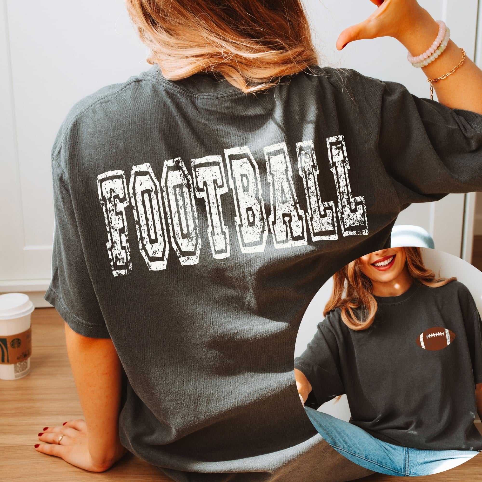 FRONT + BACK Distressed Football Pepper Tee