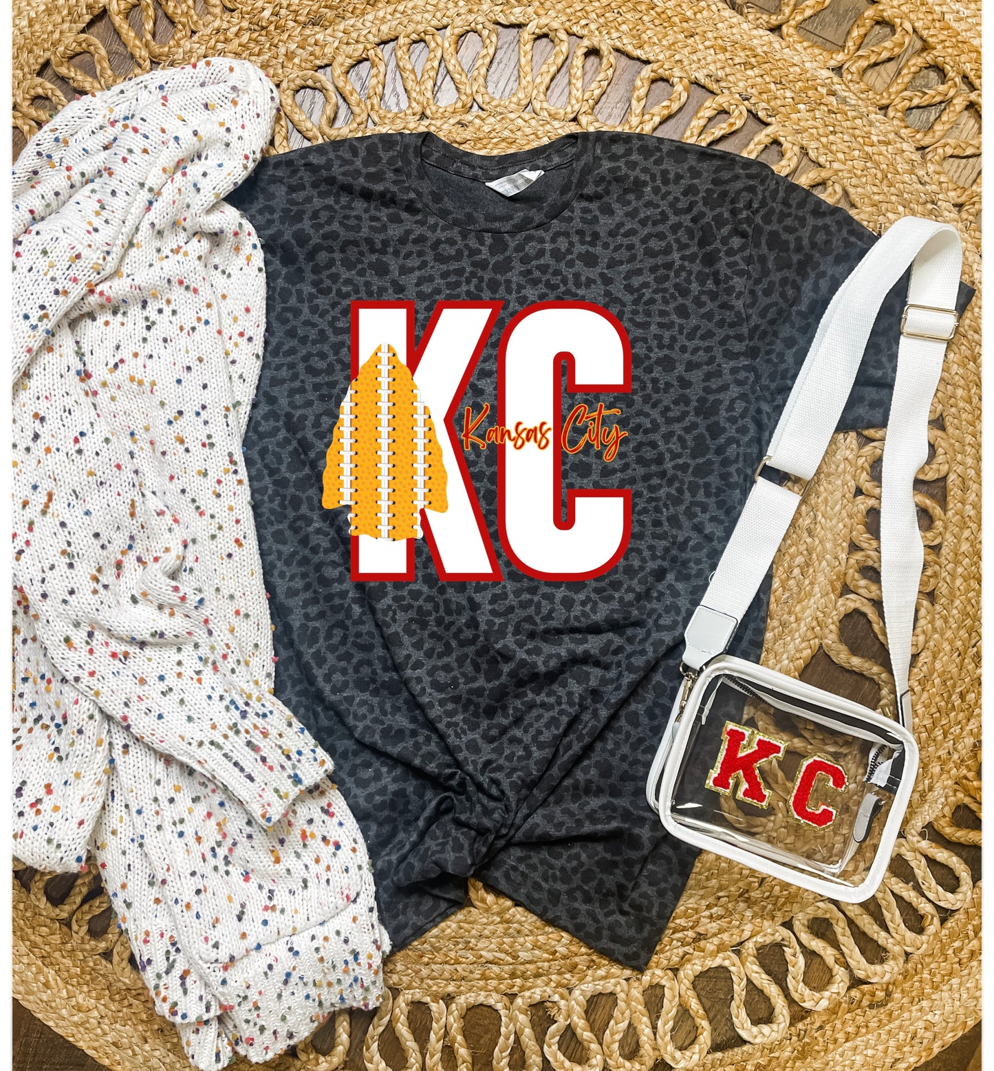 **HALFTIME DEAL** Vertical Football Stitching KC Black Leopard Tee