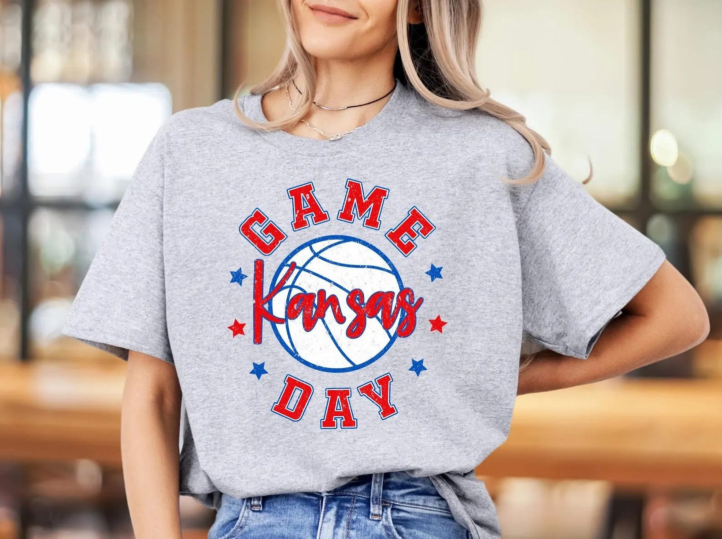 Red & Blue Game Day Kansas Sports Grey Tee