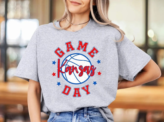 Red & Blue Game Day Kansas Sports Grey Tee