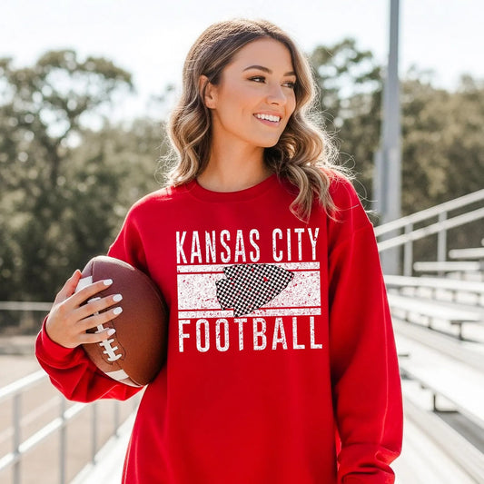 **HALFTIME DEAL** White Distressed Kansas City Football Checkered Middle Arrowhead Red Sweatshirt