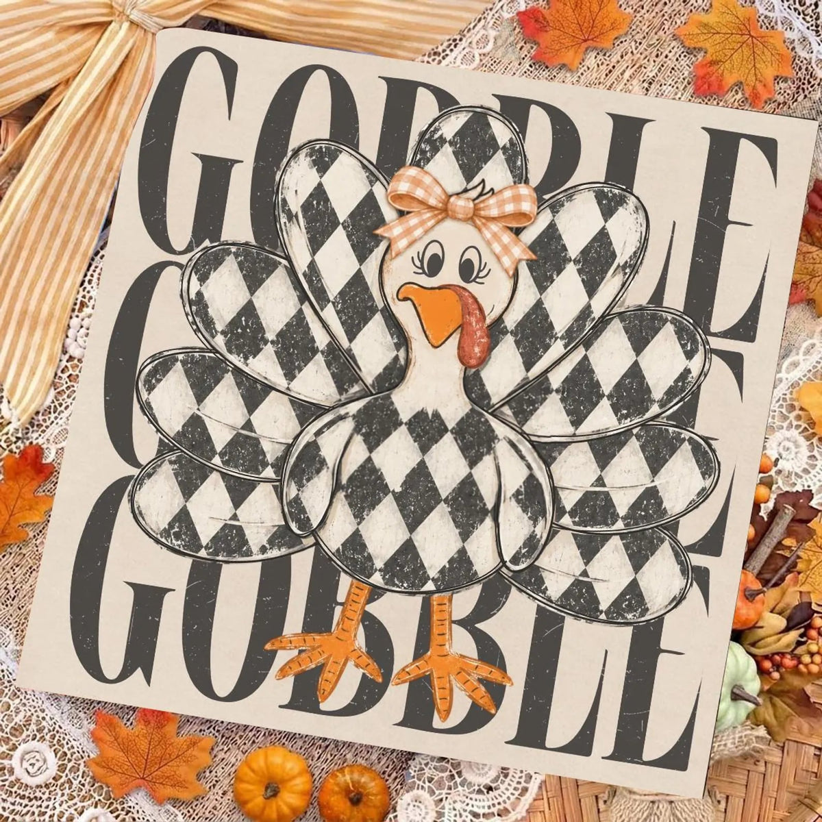 Gobble Repeat Checkered Turkey Ivory Tee **FINAL SALE**