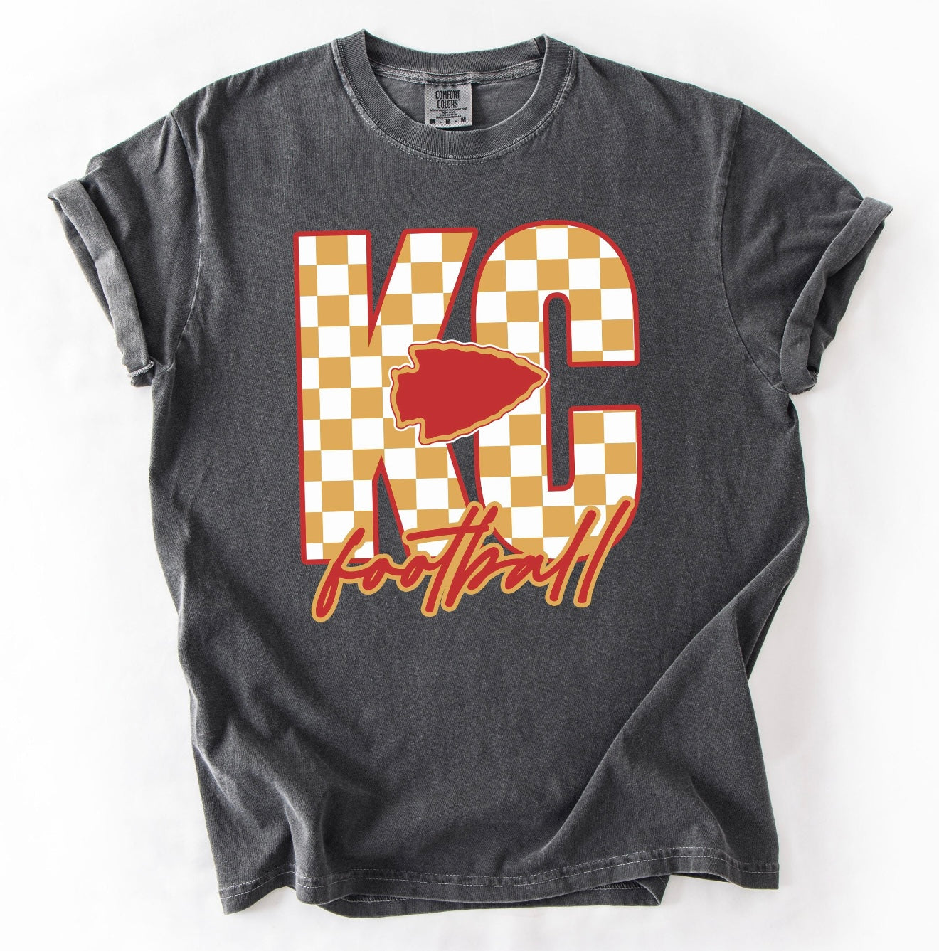 **HALFTIME DEAL** Red & Gold Checkered KC Football Arrowhead Script KC Pepper Tee