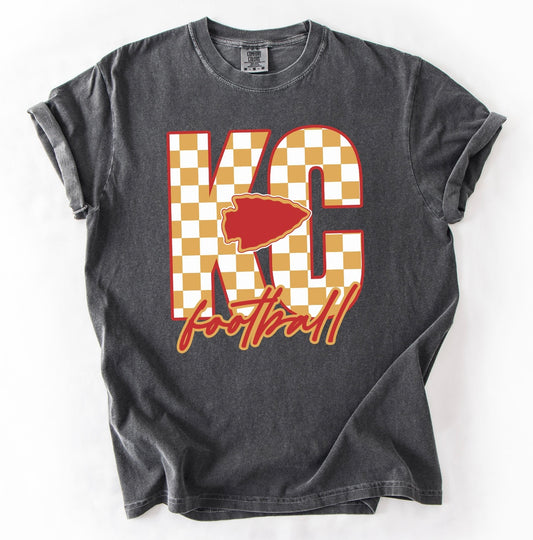 **HALFTIME DEAL** Red & Gold Checkered KC Football Arrowhead Script KC Pepper Tee