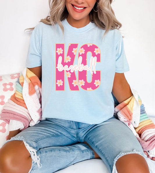 Pink Floral KC Baseball Chambray Tee