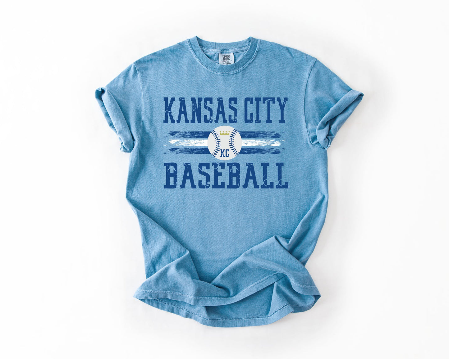 Distressed Blue & White KC Baseball Washed Denim Tee