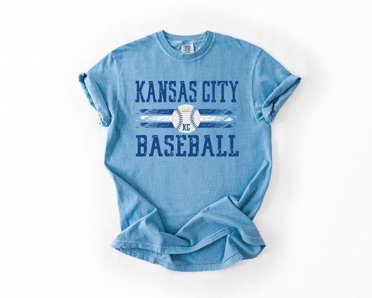 Distressed Blue & White KC Baseball Washed Denim Tee