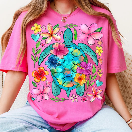 Sea Turtle & Flowers Pink Tee