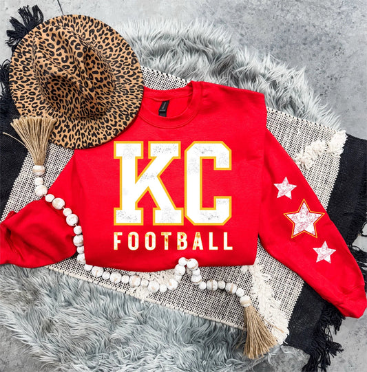 **DEAL OF THE DAY** Distressed White KC Football & Distressed Star Sleeves Red Sweatshirt