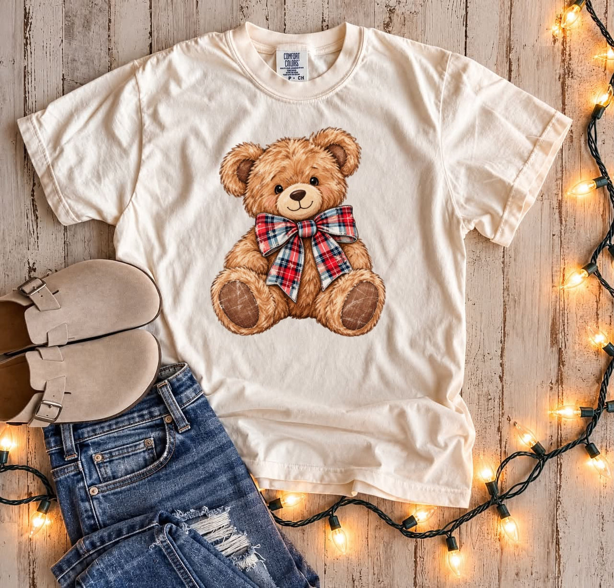 Plaid Bow Teddy Bear Ivory Tee **FINAL SALE**