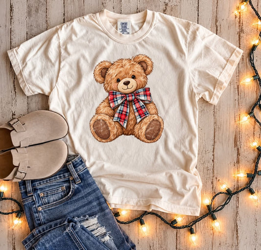 Plaid Bow Teddy Bear Ivory Tee **FINAL SALE**
