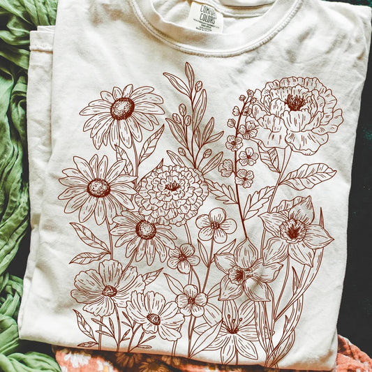 Brown Sunflowers & Stems Ivory Tee