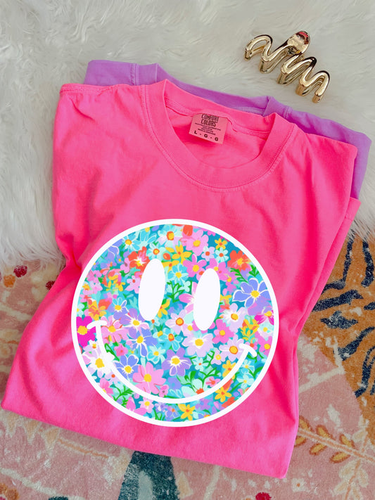 Pretty Flower Smiley Neon Pink Tee