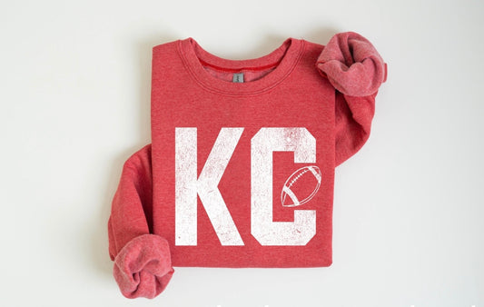 **DEAL PRICE** White Distressed KC Inside Football Heather Red Sweatshirt