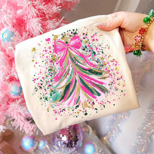 **CHRISTMAS IN JULY** Pink Splatter Christmas Tree Ivory Tee
