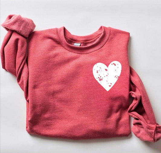 **DEAL OF THE DAY** White Grunge Distressed Heart Pocket Heather Red Sweatshirt