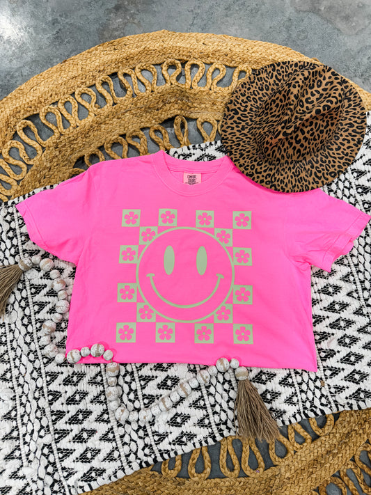 **Adult & Kids Sizes** Green Checkered Daisy Neon Pink Tee