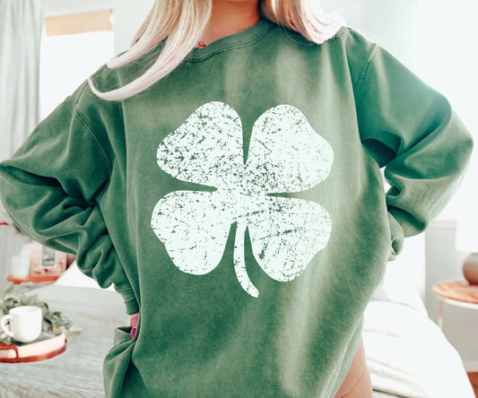 Oversized Distresed White Shamrock Light Green Sweatshirt