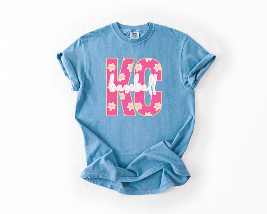 Pink Floral KC Baseball Washed Denim Tee
