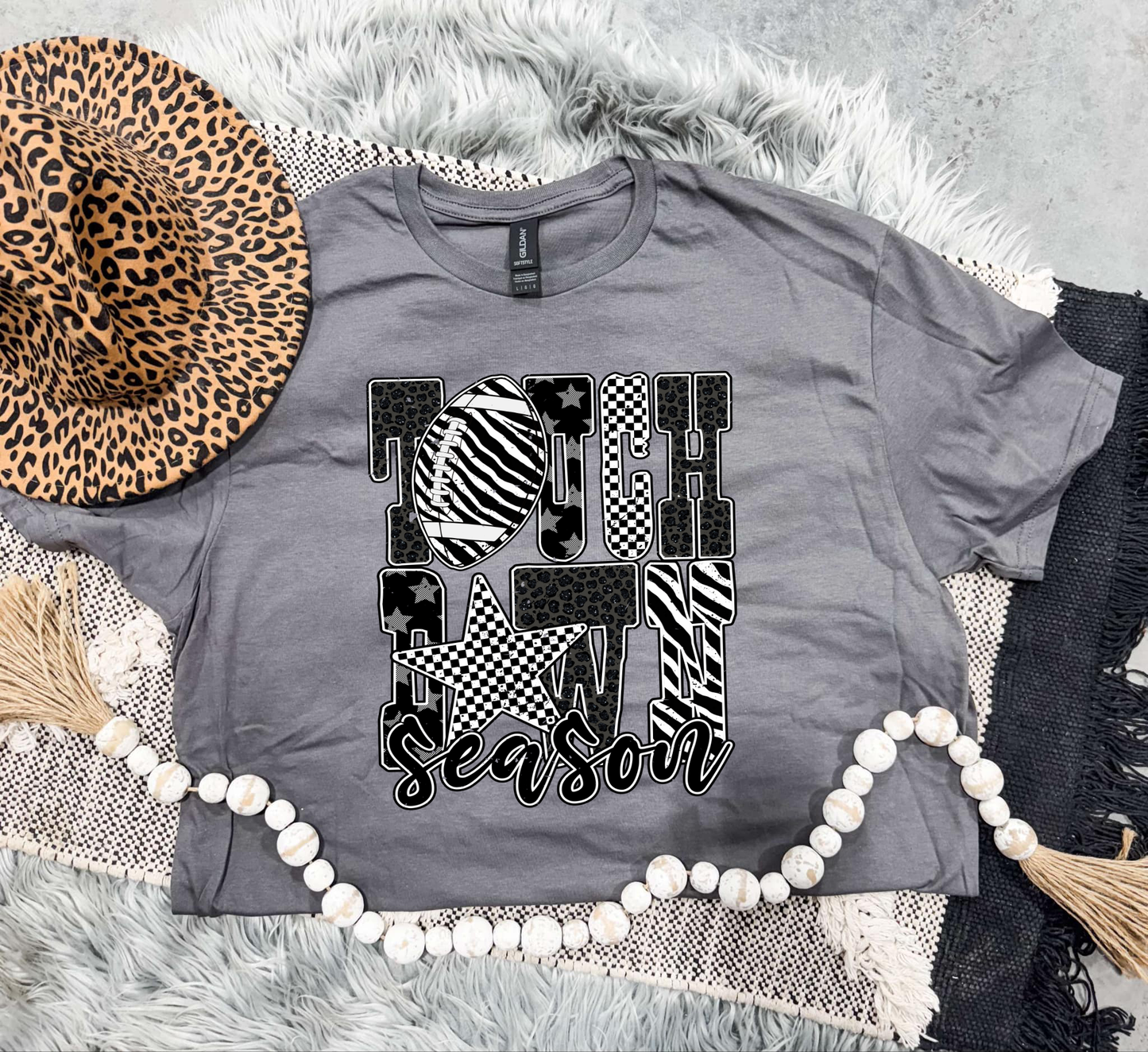 Touchdown Season Checkered & Leopard Charcoal Tee