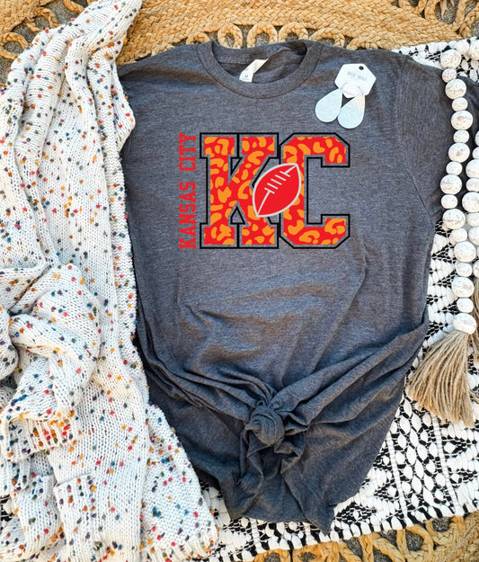 KC Kansas City Leopard Football Heather Charcoal Tee