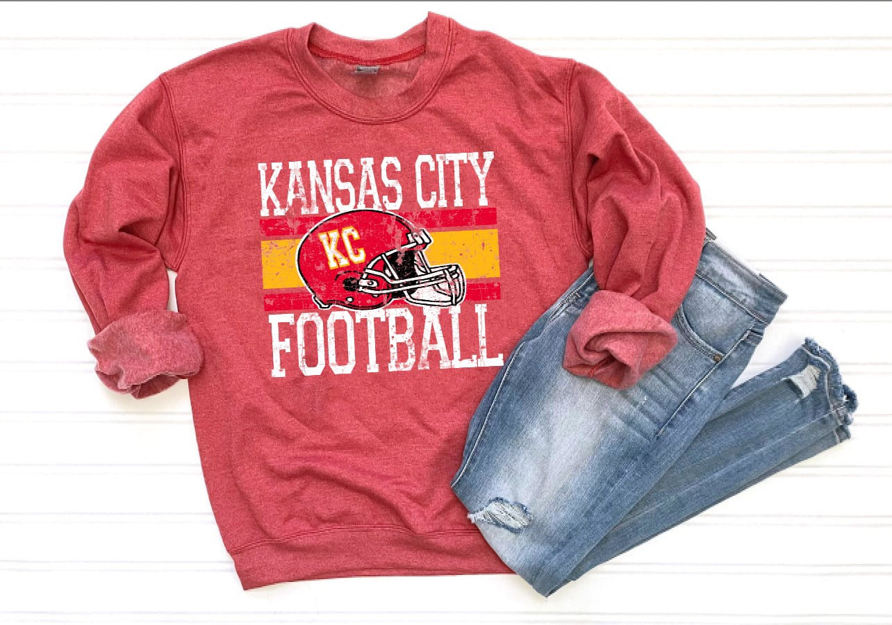 **HALFTIME DEAL** Red & Gold Distressed Kansas City KC Helmet Heather Red Sweatshirt