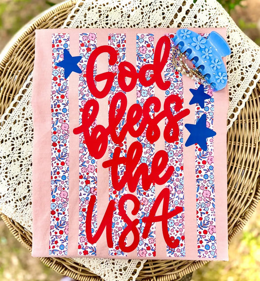 Floral Stripes God Bless The USA Peach Tee