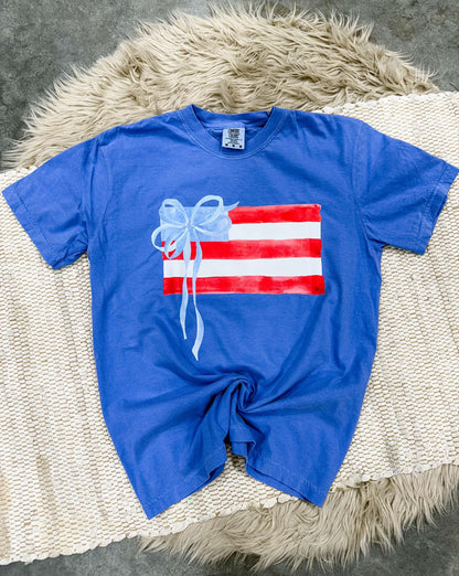 Flag With Bow Stars Flo Blue Tee