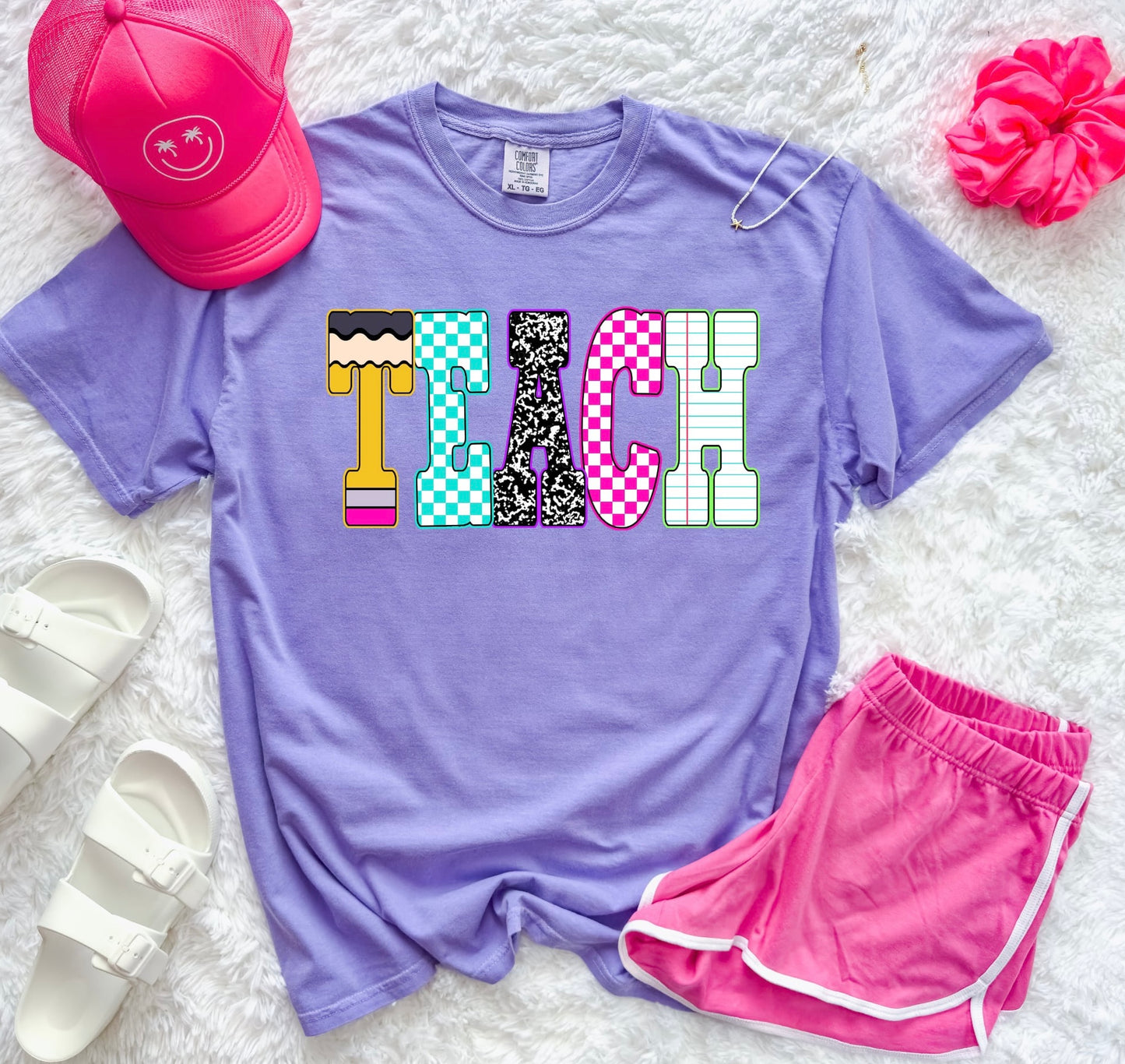 **Back To School** Checkered & Pencil Teach Violet Tee